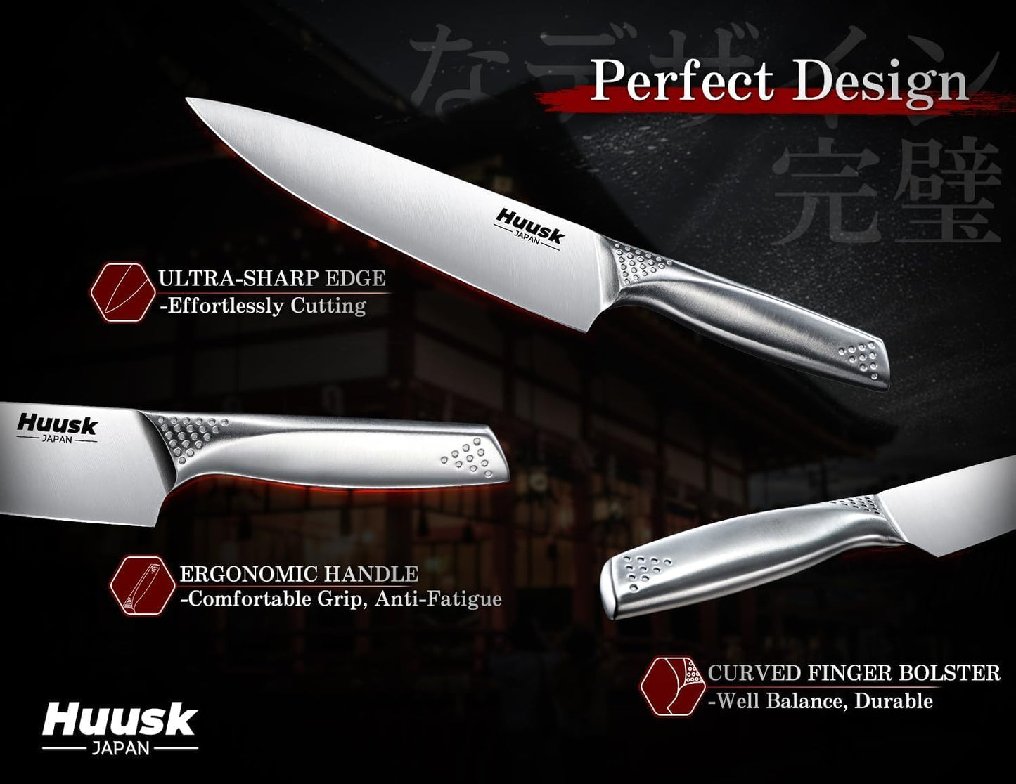 Huusk Knife Set with Block and Sharpener, 14 Pcs Japanese Stainless Steel Kitchen Knife Sets Dishwasher Safe, Sharp Silver Professional Knives Set with Box for Kitchen, Gifts for Men Women