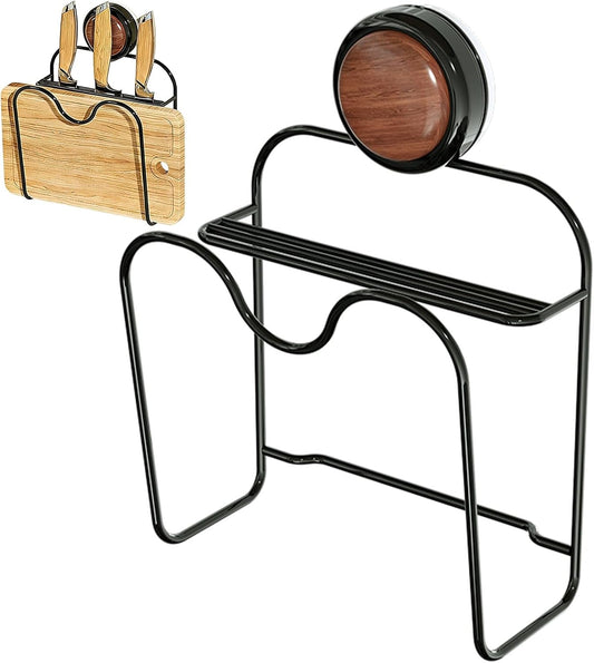 Wall Mounted Knife & Cutting Board Holder – No Drill Vacuum Suction Organizer with Slots for Knives, Cleavers & Kitchen Tools | Space-Saving Wall/Under-Cabinet Iron Rack