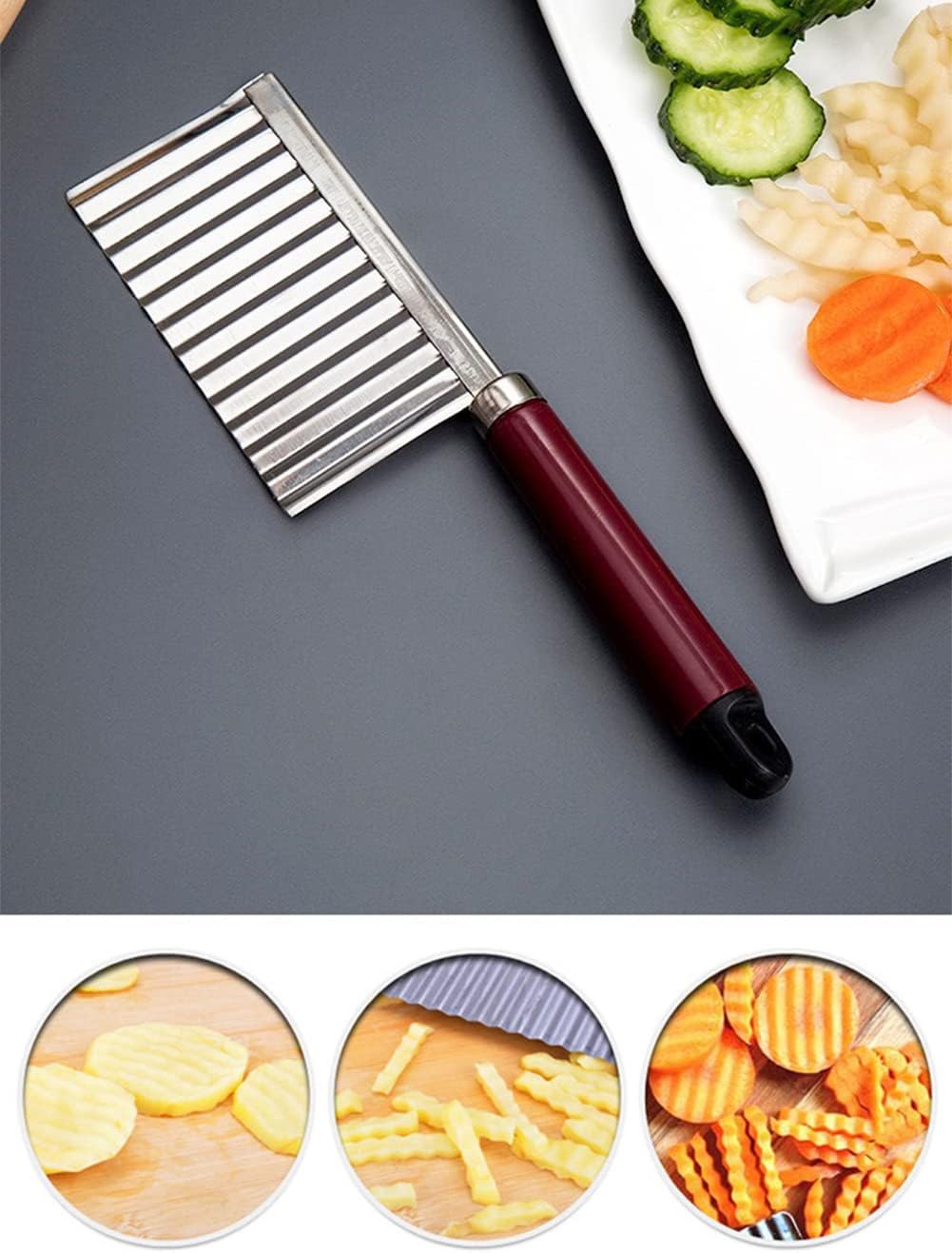 Crinkle Cutter Knife Stainless Steel Cutting Tool for Potato Carrot Chip Vegetable French Fry, Wavy Chopper Wave Slicer Steel Blade, Kids Lunch Accessories (Black Handle)
