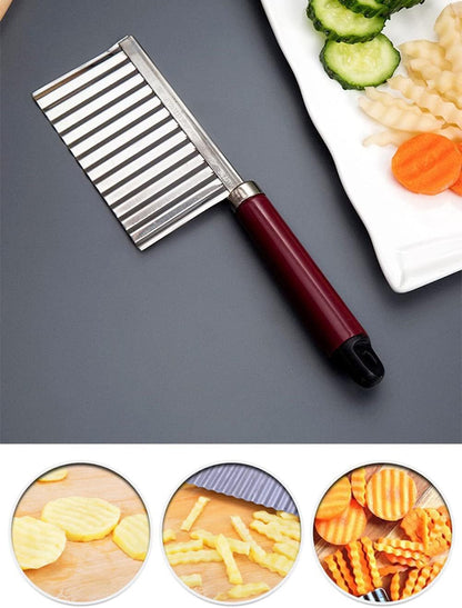 Crinkle Cutter Knife Stainless Steel Cutting Tool for Potato Carrot Chip Vegetable French Fry, Wavy Chopper Wave Slicer Steel Blade, Kids Lunch Accessories (Black Handle)