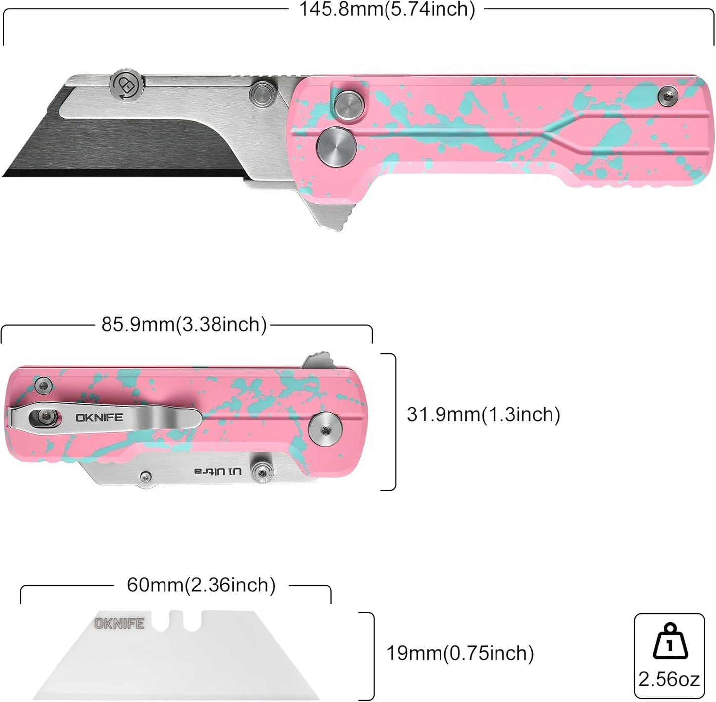 OKNIFE U1 Ultra Titanium Pocket Folding Utility Knife w/Ceramic Blade, Button Lock EDC Box Cutter with Clip for Men Women