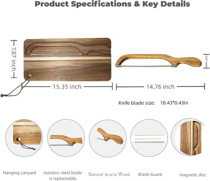 Magnetic Acacia Wood Bread Board and Knife Set –bread cutting board with knife, bread slicer for sourdough rounds,Unique Baking Gift for Women Bakers,Mother Gift Sourdough Wedding Gift