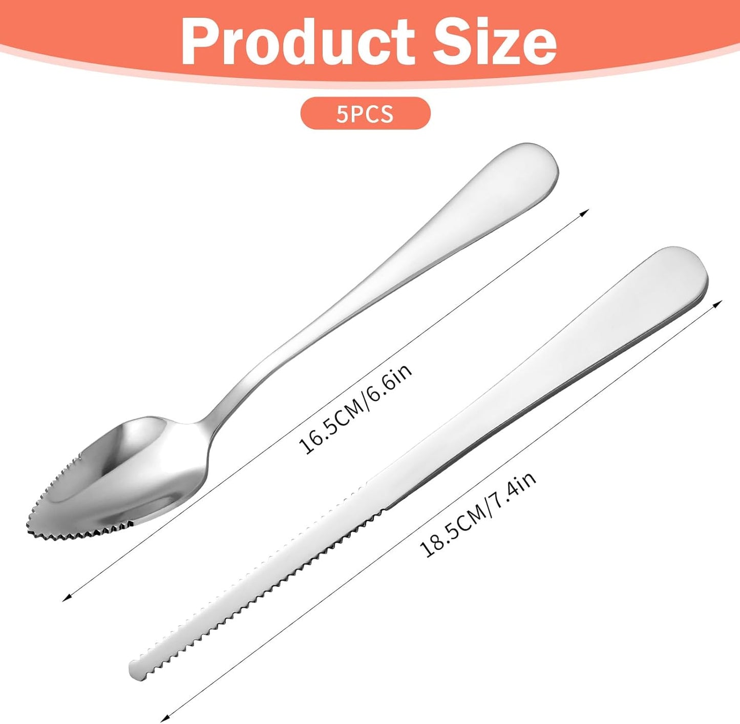 Grapefruit Knife 5 Pieces Set, 3 Stainless Steel Grapefruit Spoons & 2 Grapefruit Knives, Serrated Edge Utensils for Citrus Fruits (Silver)