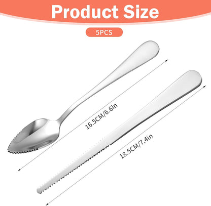Grapefruit Knife 5 Pieces Set, 3 Stainless Steel Grapefruit Spoons & 2 Grapefruit Knives, Serrated Edge Utensils for Citrus Fruits (Silver)