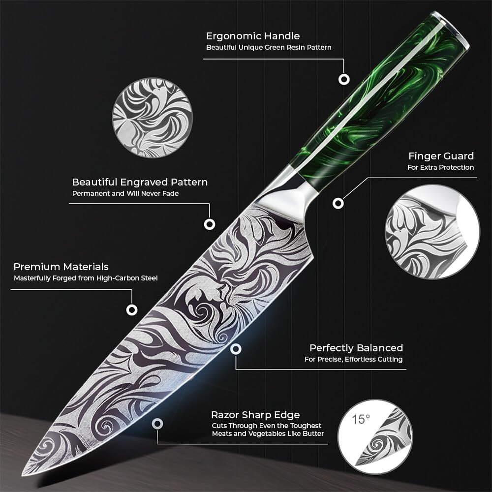 SENKEN 8-piece Engraved Japanese Kitchen Knife Set & Beautiful Green Resin Epoxy Handles - Wasabi Collection - Chef's Knife, Santoku, Cleaver, Paring, & More