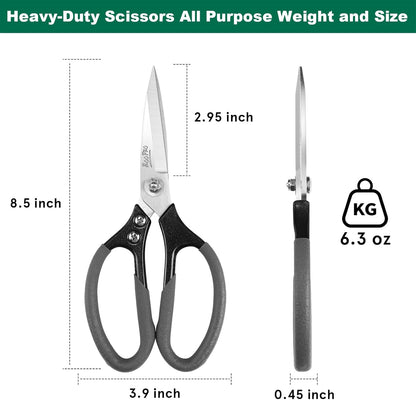 Heavy Duty Scissors All Purpose, 8.5 inch Stainless Steel Utility Sharp Shears, Aluminum Alloy Handle for Cutting Cardboard,Carpet,Fabric,Leather,Rope,Rubber,Plastic and Kitchen or Workshop Use