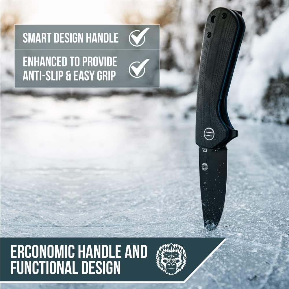 Holtzman's Gorilla Survival Peasant Folding Knife with G10 Tactical Handle, D2 Steel Blade, Gift Box Set (Black+Blue) - Great for Everyday Carry