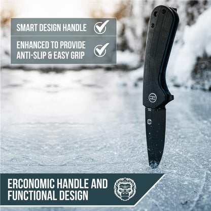 Holtzman's Gorilla Survival Peasant Folding Knife with G10 Tactical Handle, D2 Steel Blade, Gift Box Set (Black+Blue) - Great for Everyday Carry