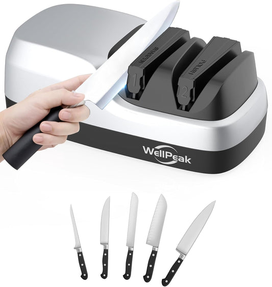 Multifunctional 4-Stage Electric Knife & Scissor Sharpener, Diamond Abrasive for Straight Edge Chef Knives, Detachable Ceramic Hone Rod for Serrated Knives Polishing