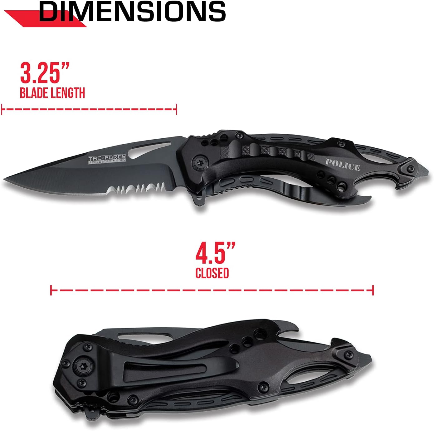 Tac-Force Folding Pocket Knife, 3.25-inch Serrated Blade, Orange Aluminum Handle, 7.75-inch Overall Length TF-705EM