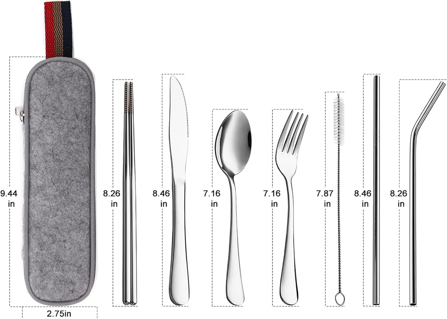 DEVICO Camping Utensils, 8-Piece Full-Size Reusable Silverware for Lunch Adult, Stainless Steel Portable Fork Spoon Knife Set for Work, Travel Cutlery Set with Case and Chopsticks Straws (Rainbow)