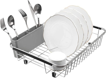 SANNO Dish Rack Utensil Holder, Hanging Cutlery Drainer Caddy with Hooks, 2 Compartment Flatware Organizer for Forks, Spoons, Knives, Fits Over Most Dish Drying Racks, Black