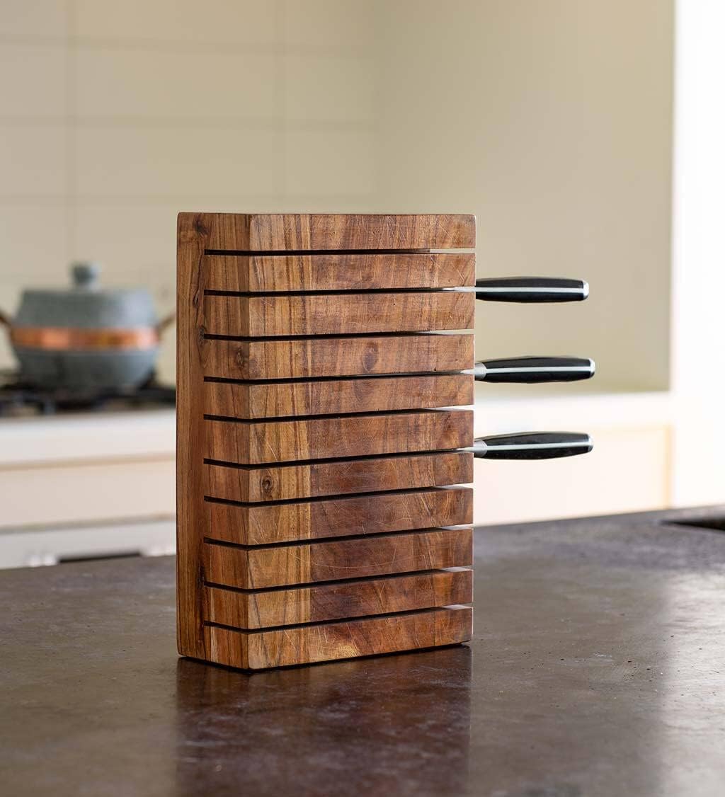 Vivaterra Acacia Wood Horizontal 10-Knife Block, 7”L x 3”W x 10.75”H, 10 Slot Kitchen Knife Holder, Universal Knife Block, Wooden Knife Holder for Kitchen Counter