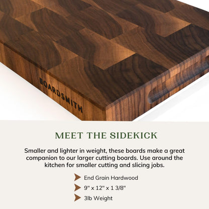 The Boardsmith Walnut Sidekick End Grain Cutting Board - Walnut Wood Cutting Board for Kitchen - Kitchen Cutting Board - Wooden Cutting Board