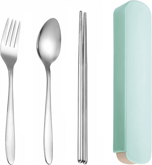 Portable Cutlery Set with Case, 4-Piece Stainless Steel Utensils, Knife Fork Spoon Set with Mint Green Storage Box for Travel, Camping, Office (Knife, Fork, Spoon)
