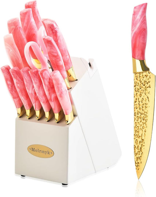 Knife Set, Non Stick Thick and Sharp Stainless Steel Kitchen Knives Set with Wood Block, 14 Pcs Cutlery Knives Block Set with Steak Knife, Bread Knife, Scissors, Chef Quality, White Handle Gold Blade