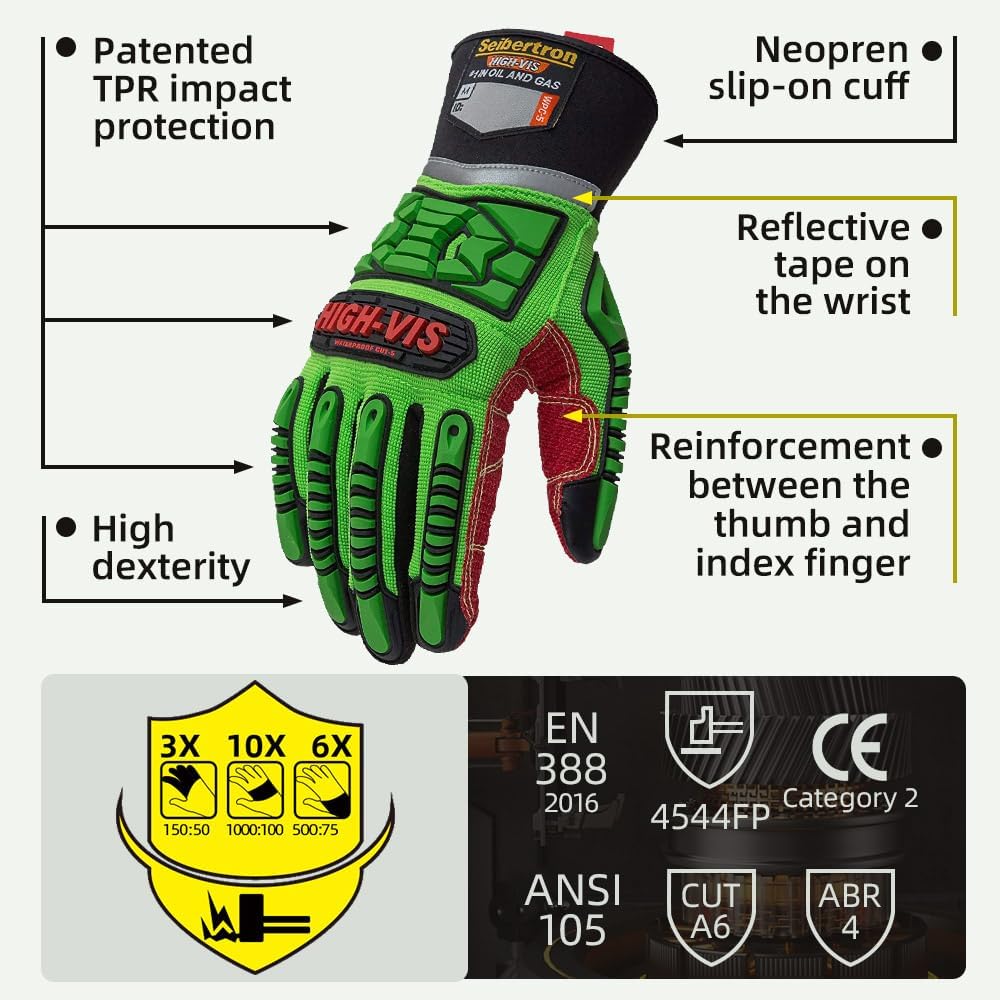 Seibertron High-Vis Series Cut Resistant Reducing Anti-Impact Mechanics Heavy Duty Safety Rescue Oil and Gas Gloves