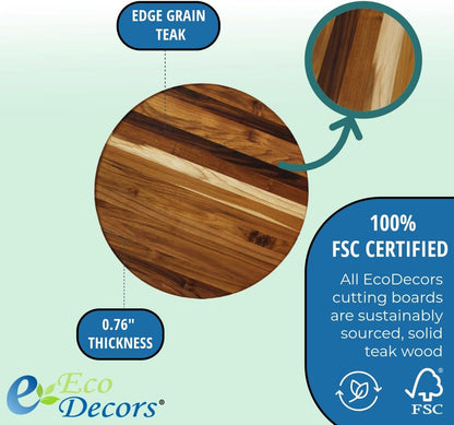EcoDecors 18"x14" Extra Large Teak Cutting Board, Edge Grain Wood with Juice Groove & Handle, FSC Certified for Kitchen, Carving & Butcher Block Prep