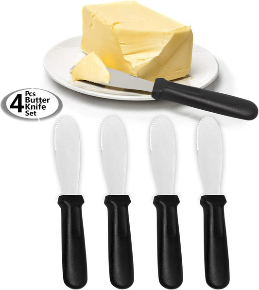 AnapoliZ Butter Spreader Knives | 4 PCS Wide Blade Stainless Steel Spreader Knife | Black Plastic Handle Spreading Knives | Sandwich Condiment Spreader | Bread Knives Set of 4 | Soft Cheese Spreader
