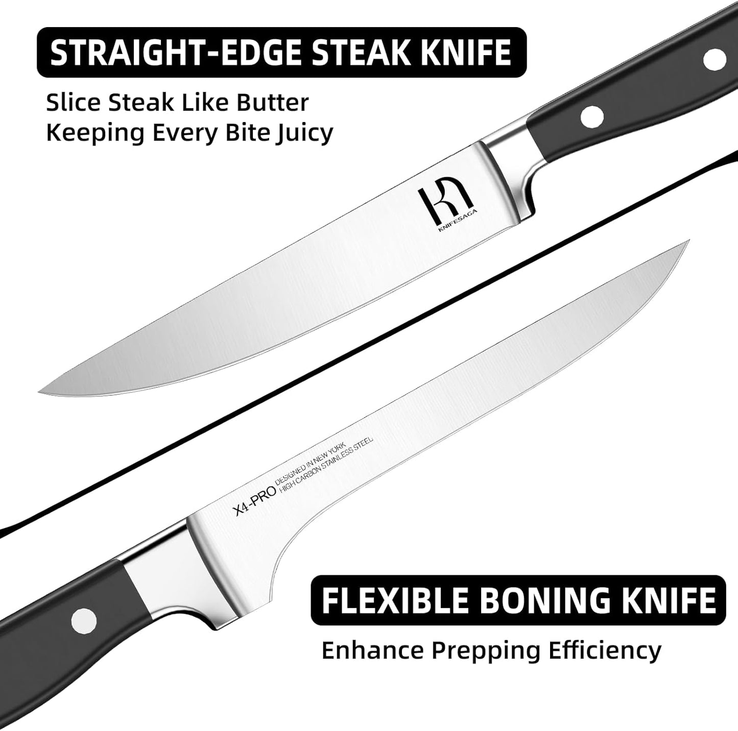 KnifeSaga Knife Set, 15 Pcs Kitchen Knife Block Set, Enduring Razor-Sharp Japanese High Carbon Stainless Steel Chef Knife Set with Block and Sharpener, Premium Black Knives Set for Kitchen