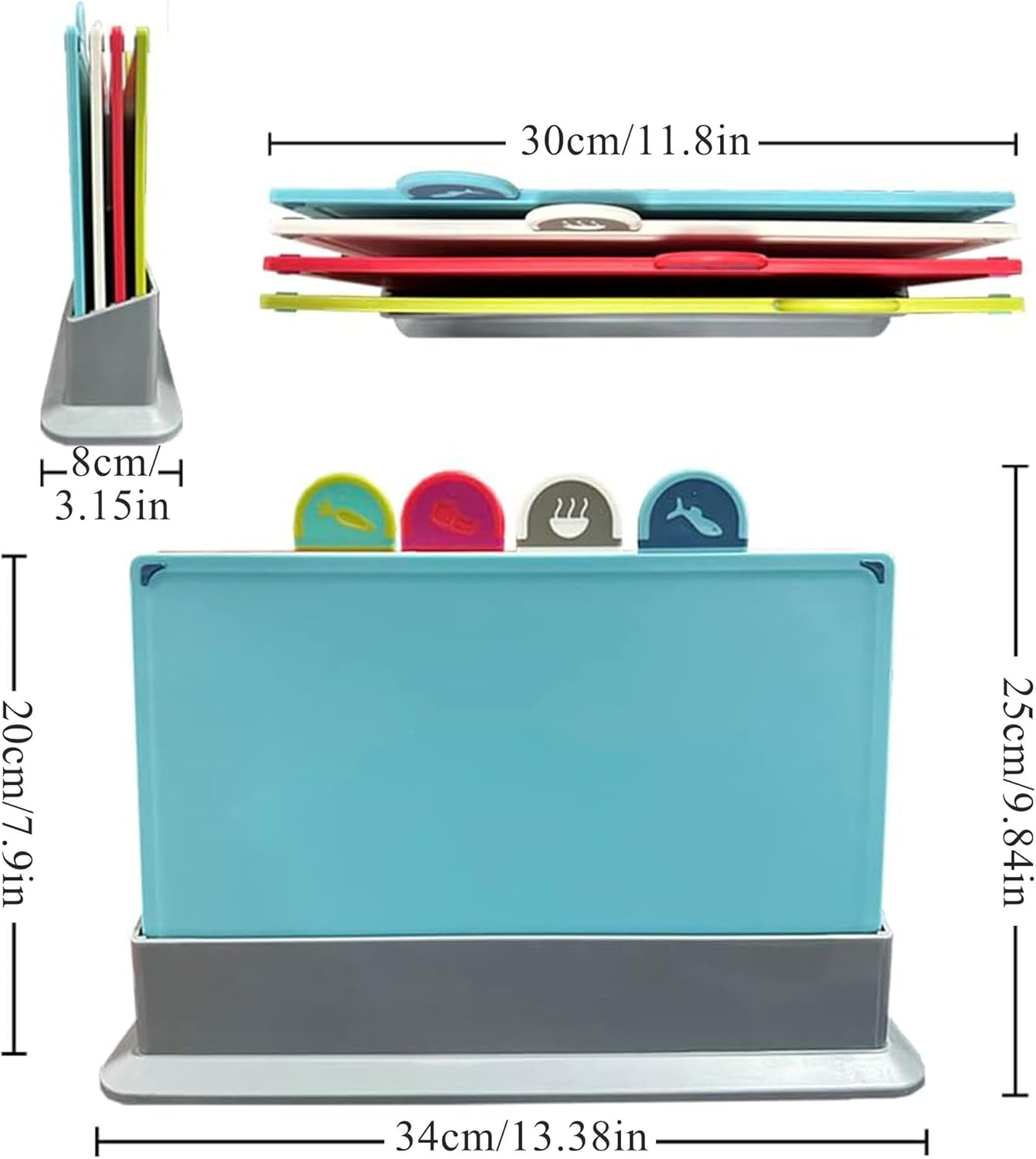 Cutting Board Set with Storage Stand,4 Colour Plastic Cutting Board Set with Food Icon,Suitable for Different Foods