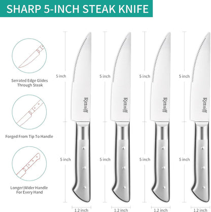 Steak Knives Set of 4, 5-Inch Serrated Stainless Steel Steak Knife Set with Wide Stainless Handle, Gift-Ready Box for Steak Night, BBQ, Housewarming & Wedding