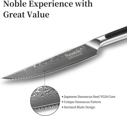 Sunnecko Damascus Steak Knife Set Non Serrated, Japanese VG10 Stainless Steel Steak Knife Set of 2, 5 Inch Steak Knives G10 Handle with Gift Box
