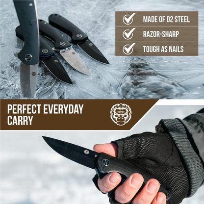 Holtzman's Gorilla Survival Peasant Folding Knife with G10 Tactical Handle, D2 Steel Blade, Gift Box Set (Black+Blue) - Great for Everyday Carry