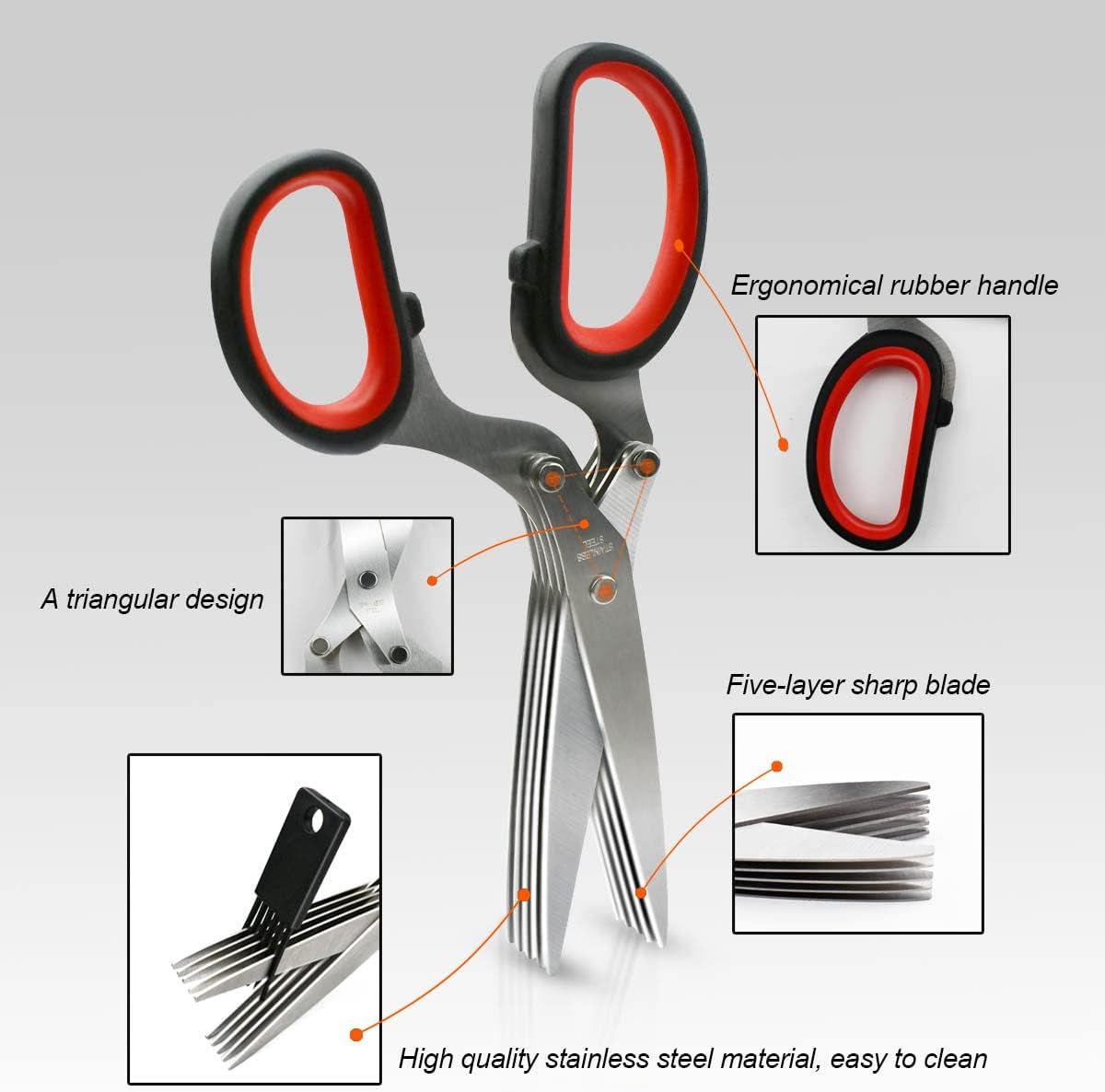 5 Blade Herb Scissors Kitchen Herb Shears Cutter Multipurpose Cutting Shear with 5 Stainless Steel Blades & Safety Cover & Cleaning Comb Salad Sizzors Cilantro Chive Parsley Onion Scissors (Black Red)