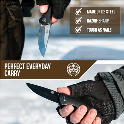 Holtzman's Gorilla Survival Peasant Folding Knife with G10 Tactical Handle, D2 Steel Blade, Gift Box Set (Black+Blue) - Great for Everyday Carry