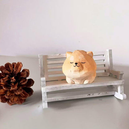 Hand-Carved Wooden Teddy Dog Figurine, 2.7" Brown Puppy Statue with Base for Car Dashboard, Desk & Home Decor, Gift for Dog Lovers