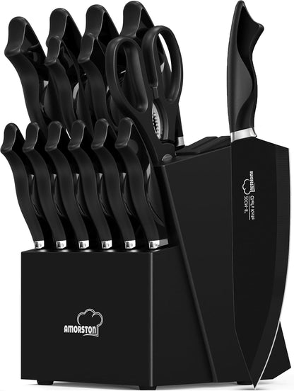 Knife Set, 15 Pieces Kitchen Knife Set with Built in Sharpener, High Carbon German Stainless Steel Knife Block Set, Dishwasher Safe, Mothers Day Gifts