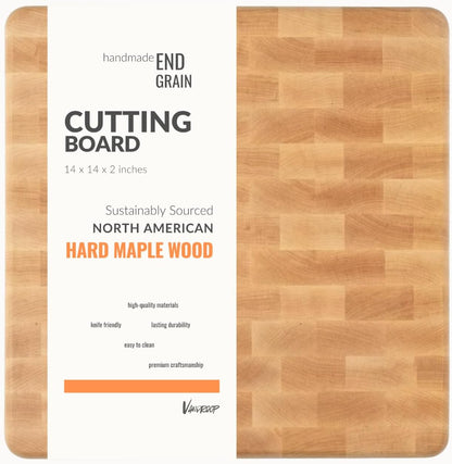 Vandroop Maple Wood End Grain Cutting Board for Kitchen - Square Wooden Maple Heavy Butcher Block Chef's Board 14x14x2”- Reversible End-Grain Chopping Board with Finger Grips