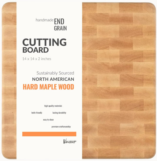 Vandroop Maple Wood End Grain Cutting Board for Kitchen - Square Wooden Maple Heavy Butcher Block Chef's Board 14x14x2”- Reversible End-Grain Chopping Board with Finger Grips
