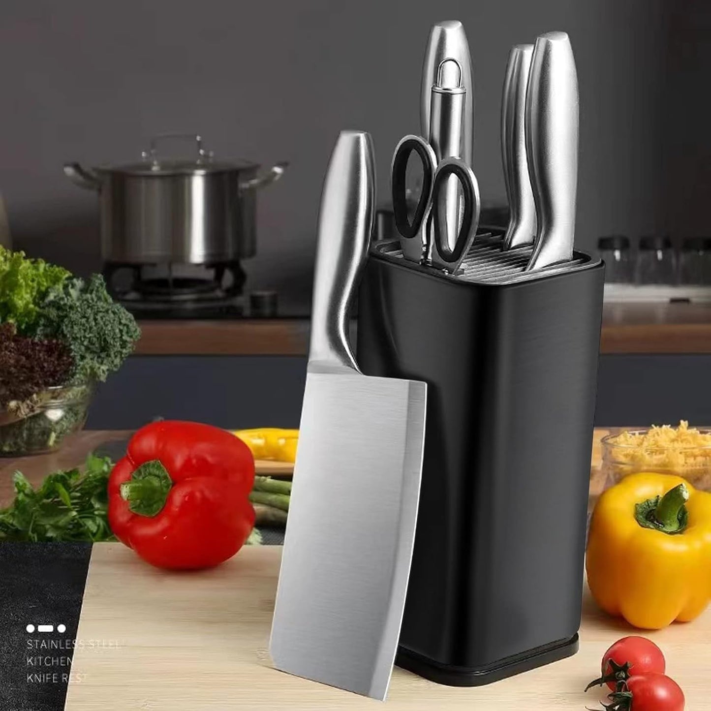 Universal Knife Block for Kitchen, Stainless Steel Knife Storage Holder with Slots for Scissors and Sharpening Rod, Detachable Knife Organizer Stand, Unique Design to Protect Blades, Dishwasher Safe