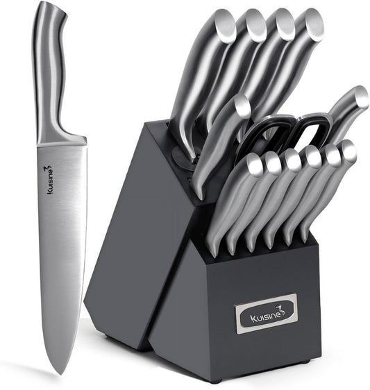 KUISINE Upgraded Knife Set High Carbon Stainless Steel Super Sharp Blade Ergonomic Rivet Handle,Knife Block Set with Built-in Sharpener(Ivory Acacia Pro,15PCS)