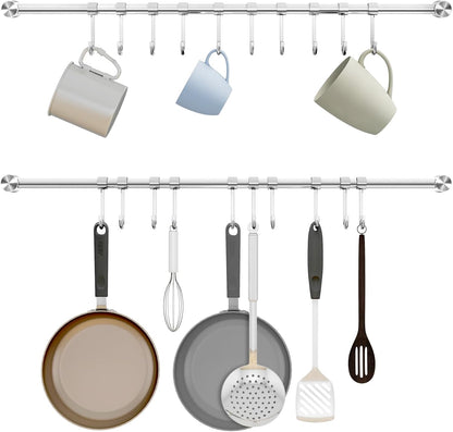 Audmore Kitchen Utensil Rack 2 Pack, 15.6 Inch Pots and Pans Hanging Rack Wall Mounted, 304 Stainless Steel Lid Cooking Utensil Hanger, 7 Sliding Hooks for Spatula Spoon, Measuring Cups, Coffee Mug