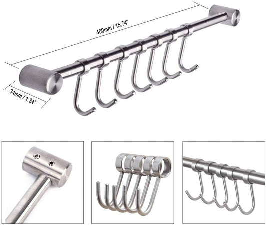 Kitchen Utensil Racks Rail Wall Mounted Utensil Hooks Rack Stainless Steel Hanger Hooks for Kitchen Tools Pot Towel (7 Hooks,2 Packs)