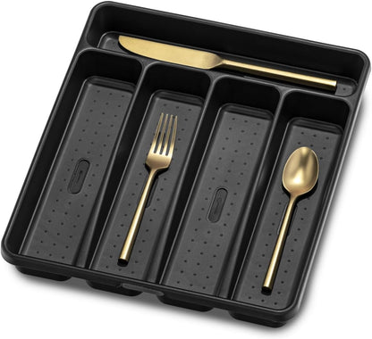 madesmart Small Silverware Tray, Compact 5 Compartment Flatware Organizer for Forks, Knives & Spoons, Non Slip, Soft Grip Lining, Fits Small Drawers, Black