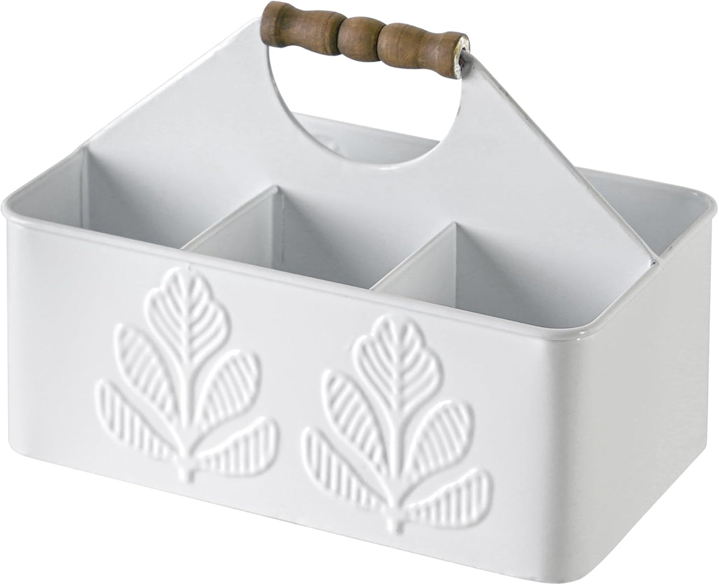 Silverware Caddy for Party Kitchen Flatware Holder for Countertop Metal White Plant Pattern Embossed Cutlery Organizer with 4 Compartments for Utensils, Spoons, Knives, Forks
