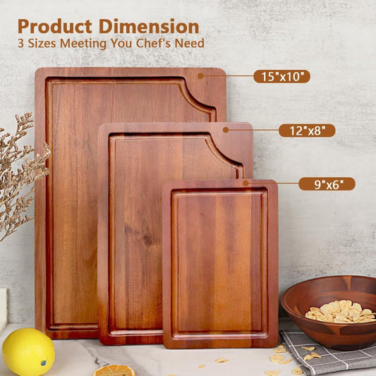 Acacia Wood Cutting Board Set with Juice Groove (3 Pieces), Organic Wooden Cutting Boards for kitchen, Butcher Block Cutting Board for Meat, Vegetable, Wooden Chopping Board 15x10, 12x8, 9x6 inch