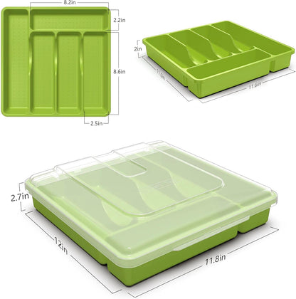 Silverware Organizer with Lid, Covered Utensil Tray for Kitchen Drawer and Countertop, Plastic Cutlery and Flatware Storage Box for Spoons Forks Knives Holder Case, BPA Free Flatware (Green)