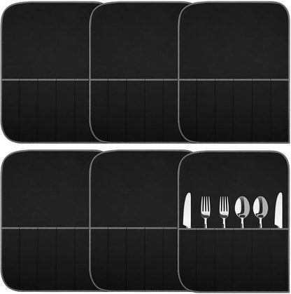 Hillban 6 Pcs Anti Tarnish Silver Storage Bags Silver Storage Cloth Felt Flatware Organizer Anti Tarnish Protector Bags Place Setting Roll with White Ribbon for Kitchen Cutlery (12 Slots,Black)