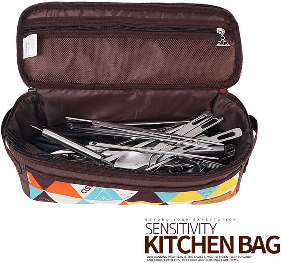 Camping Travel Cooking Utensils Organizer Travel Bag with Net Pockets, Portable Pouch for BBQ Camp Cookware Kitchen Kit,13x5.1x4.9inch (Oxford Cloth, Nylon, Metal)
