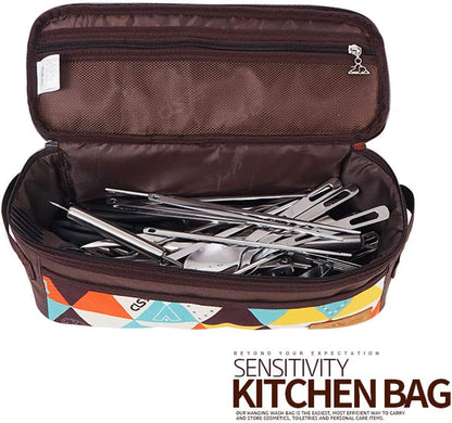 Camping Travel Cooking Utensils Organizer Travel Bag with Net Pockets, Portable Pouch for BBQ Camp Cookware Kitchen Kit,13x5.1x4.9inch (Oxford Cloth, Nylon, Metal)