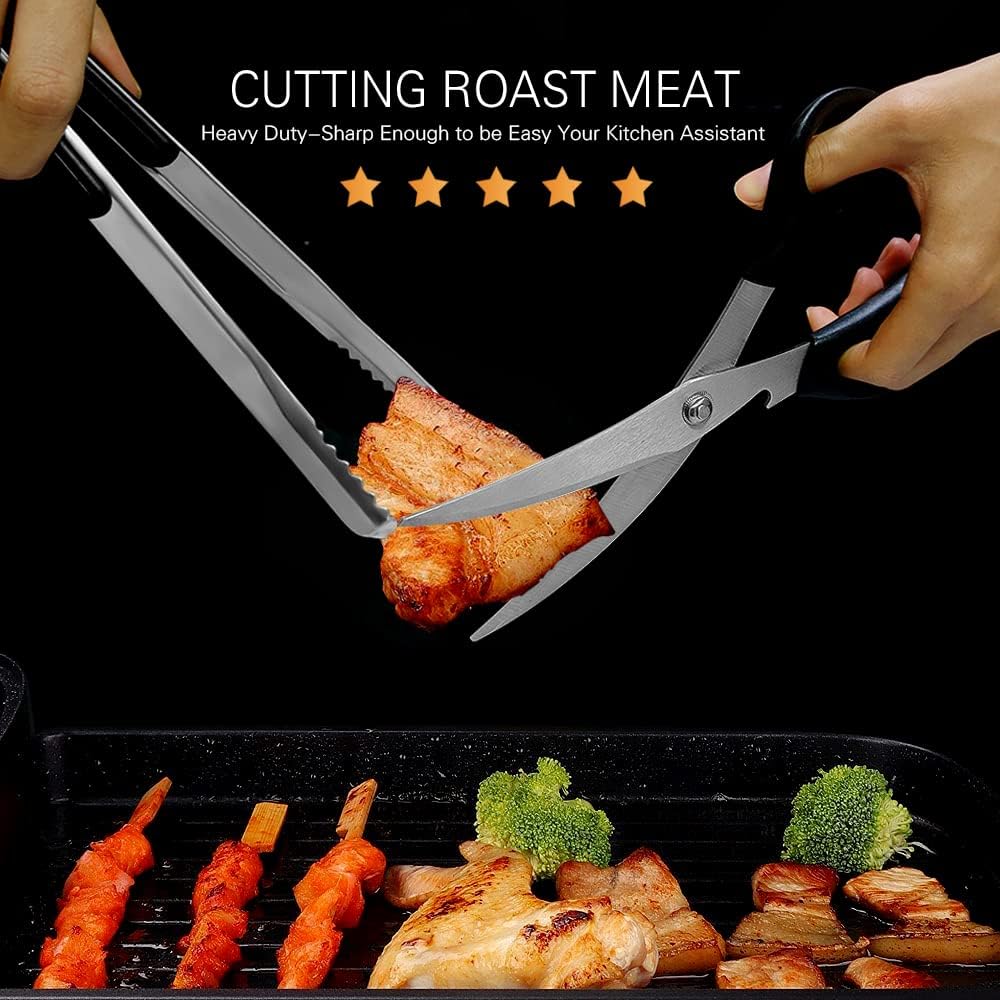 Kitchen Scissors, Korean Barbecue Sheras and Tongs Set,Kitchen Scissors for Meat Cutting, Chicken, Vegetables,Stainless Steel Non-slip Serrated Sharp BBQ Multipurpose Kitchen Sheras Tongs