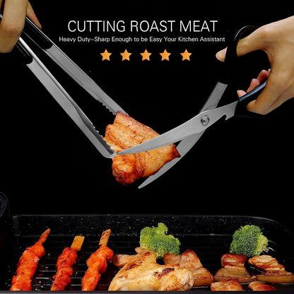 Kitchen Scissors, Korean Barbecue Sheras and Tongs Set,Kitchen Scissors for Meat Cutting, Chicken, Vegetables,Stainless Steel Non-slip Serrated Sharp BBQ Multipurpose Kitchen Sheras Tongs
