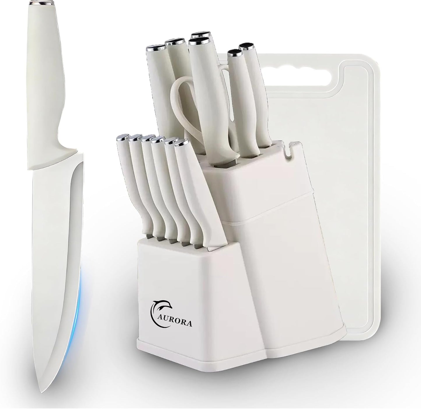Knife Set, 15 Piece Knife Block Set with Built-in Sharpener, Dishwasher Safe, Rust Resistant, Ergonomic Handle, Stainless Steel White