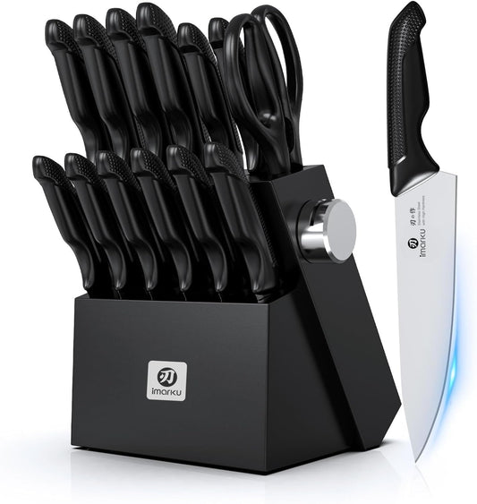 imarku Knife Set with Block, Sharp Knife Set with Built-in Sharpener, Japanese Stainless Steel Kitchen Knife Set with Non-Slip Ergonomic Handle, Dishwasher Safe, Valentine's Day Gifts, 14 PCS, Pink