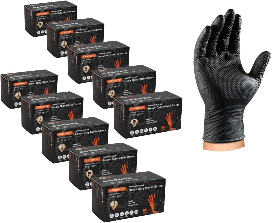 ANBOSON 10 Mil Diamond Textured Nitrile Gloves, Heavy Duty Disposable, Extra Thick, Latex & Powder Free, Chemical and Puncture Resistant, Ideal for Auto Repair, Cleaning, Painting, X-Large